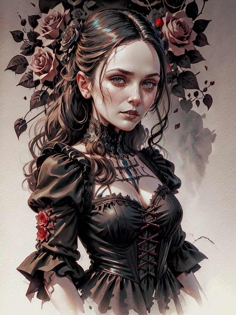 Beautiful portrait of l1z0l in a gothic composition with skulls and roses, ink and watercolor, movie poster, vampire movie, wearing black shirt, high resolution, many details, perfect anatomy,  watercolor painting, glowingveins, red theme