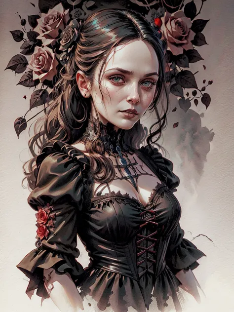 beautiful portrait of l1z0l in a gothic composition with skulls and roses, ink and watercolor, movie poster, vampire movie, wear...