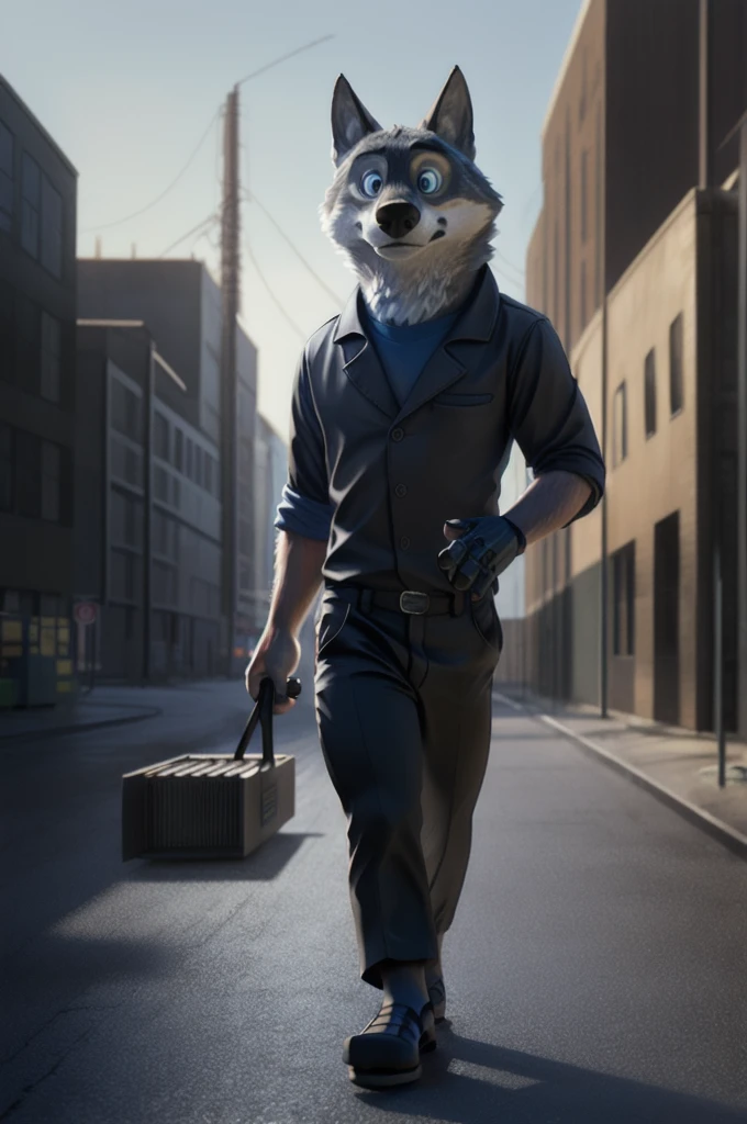 Cute cartoon (Gary \(Zootopia\)) wear, Blue eyes,(shirt,Long trousers, sandals with heels)Drir-15 ( robotic eye in front), Empty expression, blank stare, One, wolf, White fur, break, dark industrial background of factory (difficult, high detail, film photography, soft focus, candid cinema RAW, photorealism, realistic, photorealistic, analog style, subsurface scattering, masterpiece, Best quality, ultra realistic, 8 K),