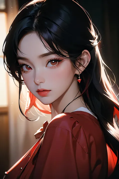 bae irene, a beautiful young woman with black hair with bangs, wearing a red dress, heart  earrings, red hair bow, 1girl, beauti...