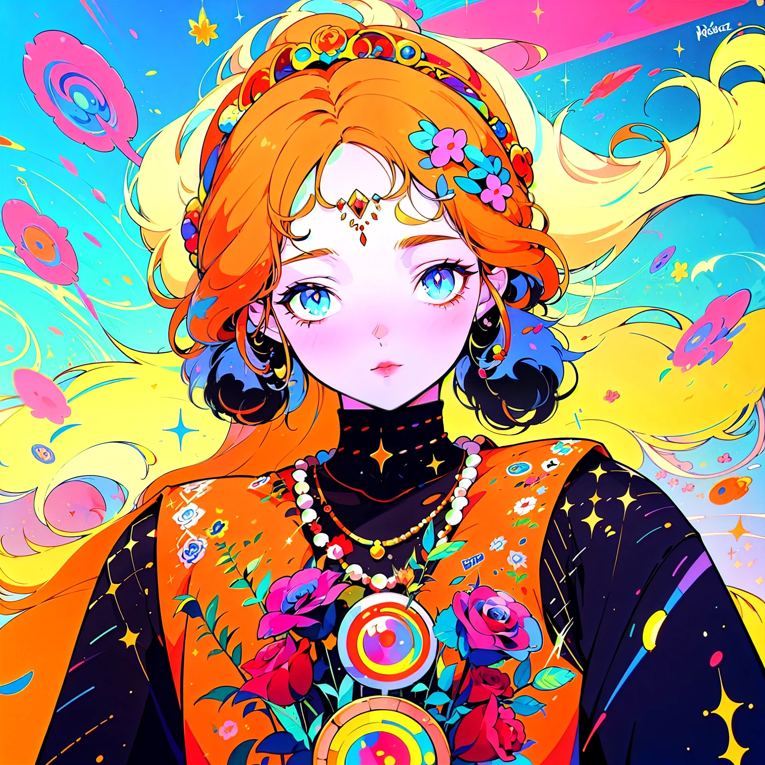 Close-up of a woman with colorful hair and necklace, Space-like hair anime, The gentle vitality of rose roses, Goubes-inspired artwork, Fantasy art style, colorful], Vivid fantasy style, Ross draws vibrant cartoons, cosmic and colorful, Gwaiz, colorful digital fantasy art, Great art style, Beautiful anime style, White skin, subtle