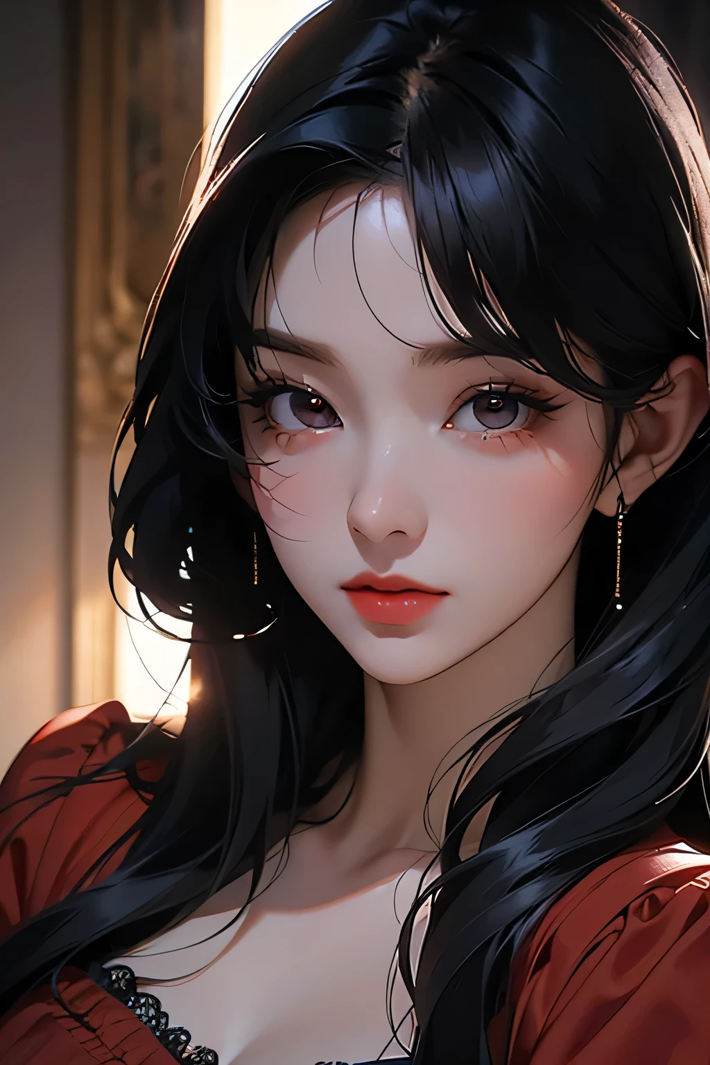 Bae irene, a beautiful young woman with long black hair with bangs, wearing a red velvet dress, heart  earrings, red hair bow, 1girl, beautiful detailed eyes, beautiful detailed lips, extremely detailed eyes and face, long eyelashes, high fashion, elegant, cinematic lighting, dramatic lighting, intricate details, photorealistic, 8k, ultra-detailed, best quality, masterpiece, vibrant colors, glowing skin, volumetric lighting, natural pose, dynamic composition, dramatic lighting, chiaroscuro, cinematic framing, moody atmosphere, elegant, glamorous