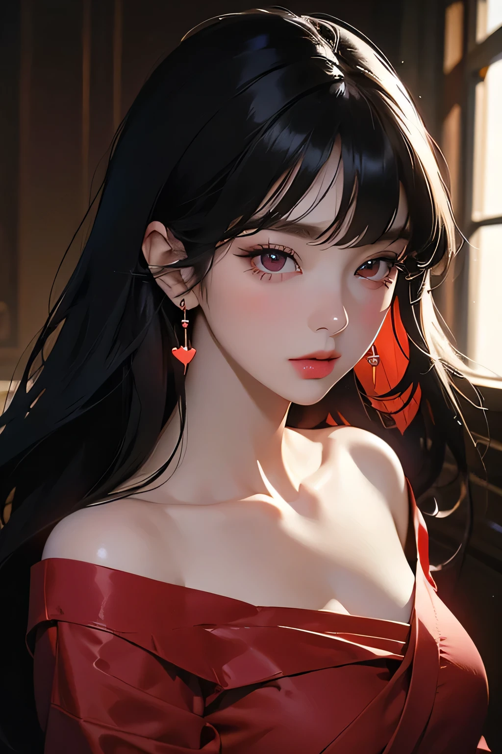 Bae irene, a beautiful young woman with long black hair with bangs, wearing a red satin dress, heart  earrings, red hair bow, 1girl, beautiful detailed eyes, beautiful detailed lips, extremely detailed eyes and face, long eyelashes, high fashion, elegant, cinematic lighting, dramatic lighting, intricate details, photorealistic, 8k, ultra-detailed, best quality, masterpiece, vibrant colors, glowing skin, volumetric lighting, natural pose, dynamic composition, dramatic lighting, chiaroscuro, cinematic framing, moody atmosphere, elegant, glamorous