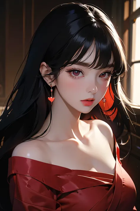 bae irene, a beautiful young woman with long black hair with bangs, wearing a red satin dress, heart  earrings, red hair bow, 1g...