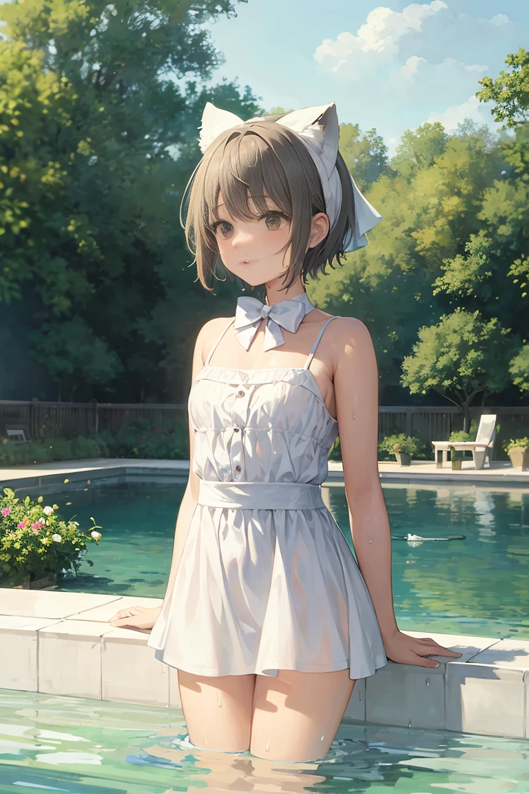 In the style of Claude Monet, Impressionism, One person, Focus on the upper body, (White camisole dress), , Whole Body Ezbian, Silver short hair, Pool, Wet, ((bow)), Cat ear