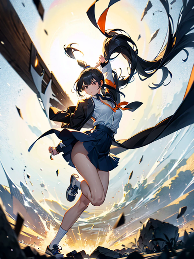 one person, Karate Stance,High Kick,Black Hair, ponytail, Slim body,Small breasts,Bad mood, Slanted Eyes, Character profile, high school student,Navy blue blazer,White blouse,Orange bow ribbon tie,Grey below-the-knee skirt,Vanishing Point, Ultra Wide Angle, Japanese illustration style, 