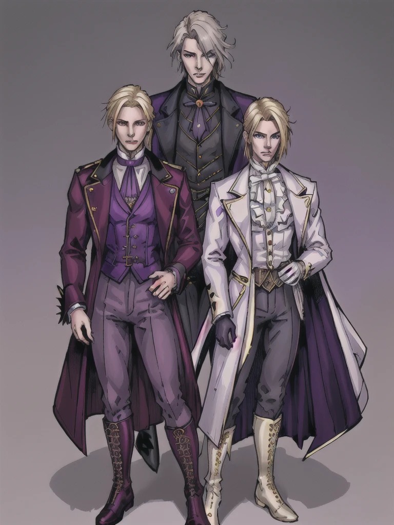 Pale and tall man, Appears to be 30-3. It's been a long time (to the waist) With light blond hair with a golden tint, Thin gray-blue eyes with dark purple eyeshadow and noticeably high cheekbones. His clothes are in Victorian style, old, Long dark burgundy jacket with lavender lining and gold pins on the folded cuffs. Under his jacket he has a purple vest over a white ruffled shirt, Wearing classic purple trousers, In dark blue knee-high boots and gloves of the same color.
