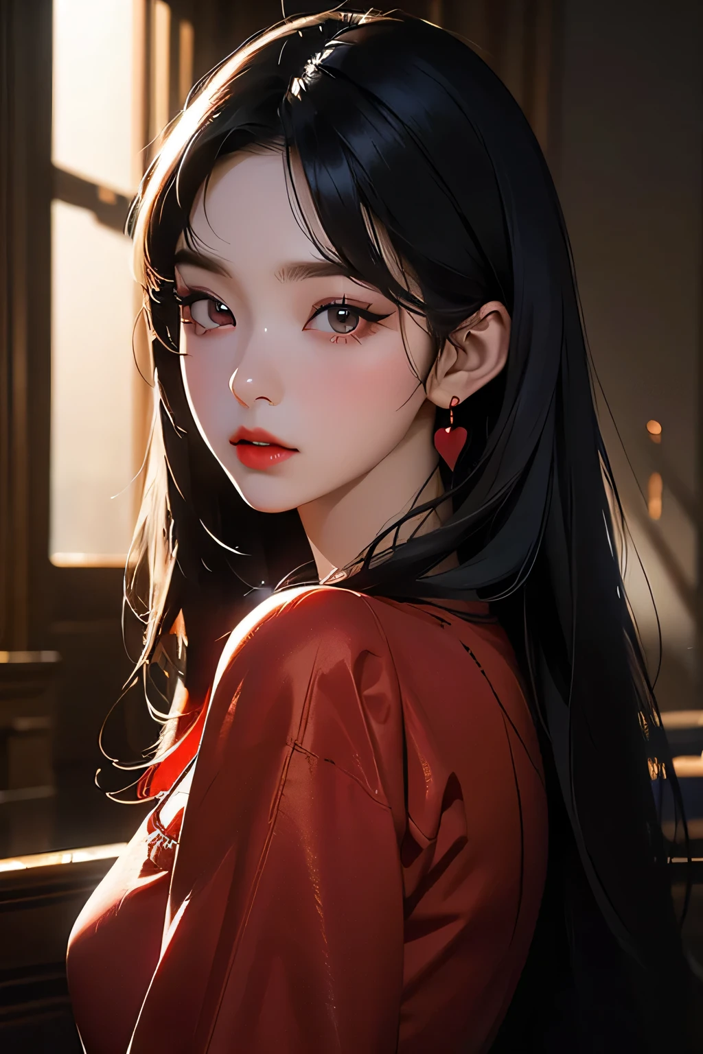 Bae irene, a beautiful young woman with long black hair with bangs, wearing a red satin dress, heart  earrings, red hair bow, 1girl, beautiful detailed eyes, beautiful detailed red lips, extremely detailed eyes and face, long eyelashes, high fashion, elegant, cinematic lighting, dramatic lighting, intricate details, photorealistic, 8k, ultra-detailed, best quality, masterpiece, vibrant colors, glowing skin, volumetric lighting, natural pose, dynamic composition, dramatic lighting, chiaroscuro, cinematic framing, moody atmosphere, elegant, glamorous