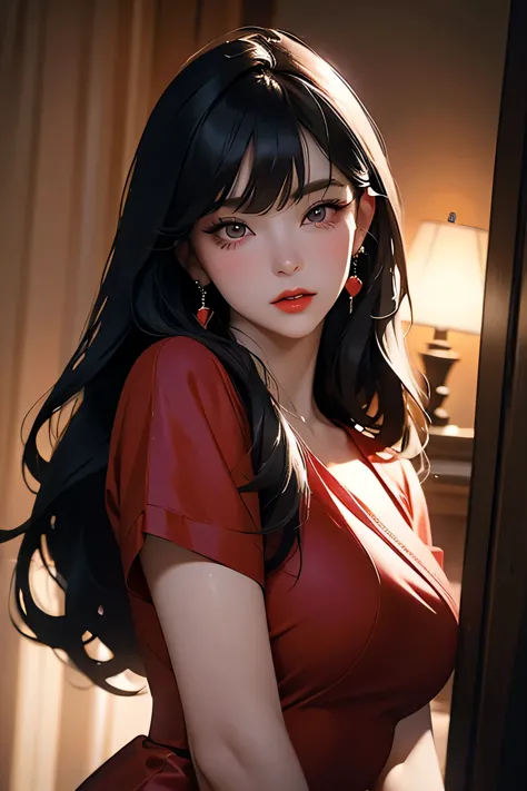 bae irene, a beautiful young woman with long black hair with bangs, wearing a red satin dress, heart  earrings, red hair bow, 1g...