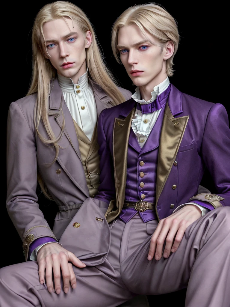 Pale and tall man, Appears to be 30-3. It's been a long time (to the waist) With light blond hair with a golden tint, Thin gray-blue eyes with dark purple eyeshadow and noticeably high cheekbones. His clothes are in Victorian style, old, Long dark burgundy jacket with lavender lining and gold pins on the folded cuffs. Under his jacket he has a purple vest over a white ruffled shirt, Wearing classic purple trousers, In dark blue knee-high boots and gloves of the same color.
