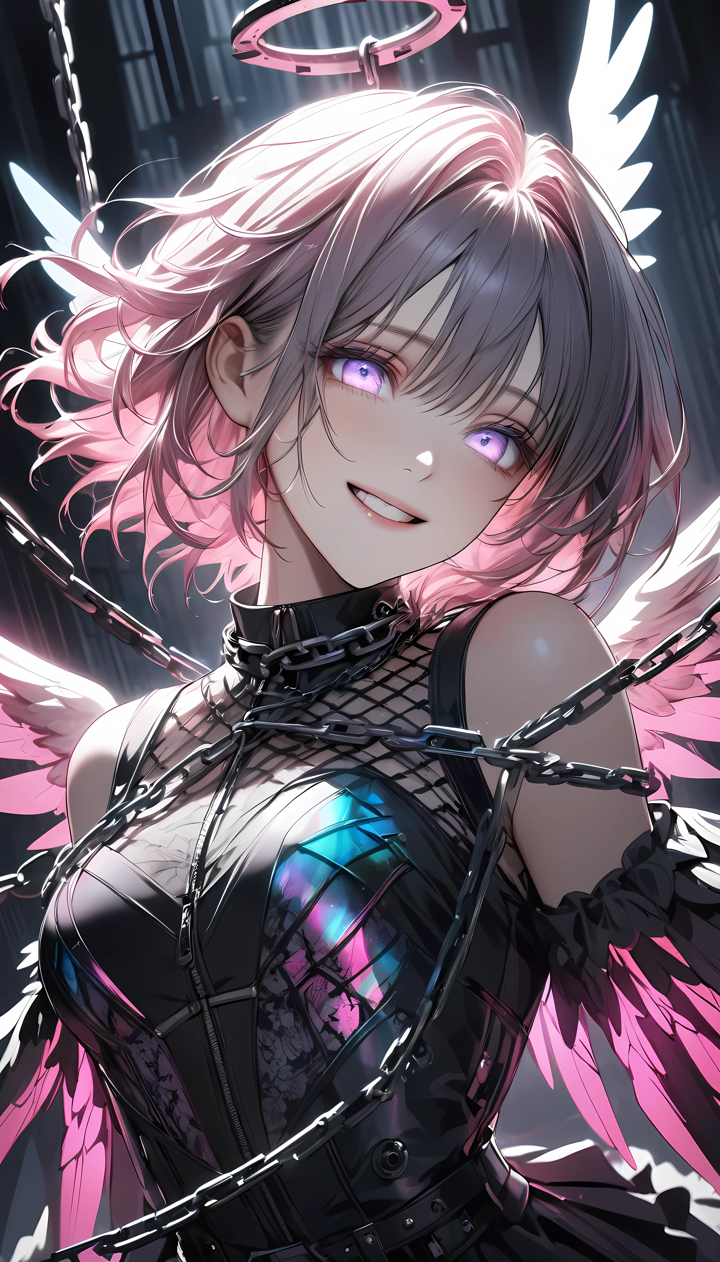 Gothic Angel, Imprisoned in metal chains, Black and pink are the trademark colors, NEXT, Transparent, holographic, glowing wings growing from his back, Captivating mid-chest, Whisper to the audience, A big smile, Captivate you, Strong, fleeting, sad eyes, Dynamic Shot, Aesthetics of Yearning Sorrow...