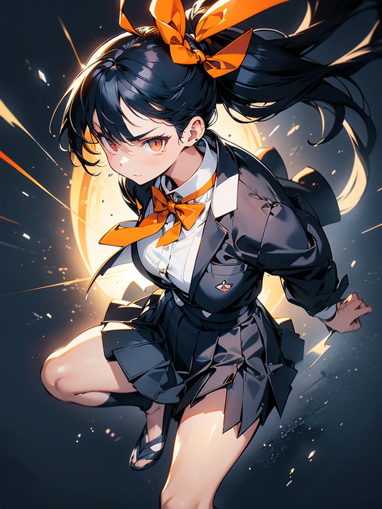 one person, Karate Stance,High Kick,Black Hair, ponytail, Slim body,Small breasts,Bad mood, Slanted Eyes, Character profile, high school student,Navy blue blazer,White blouse,Orange bow ribbon tie,Grey below-the-knee skirt,Vanishing Point, Ultra Wide Angle, Japanese illustration style, 