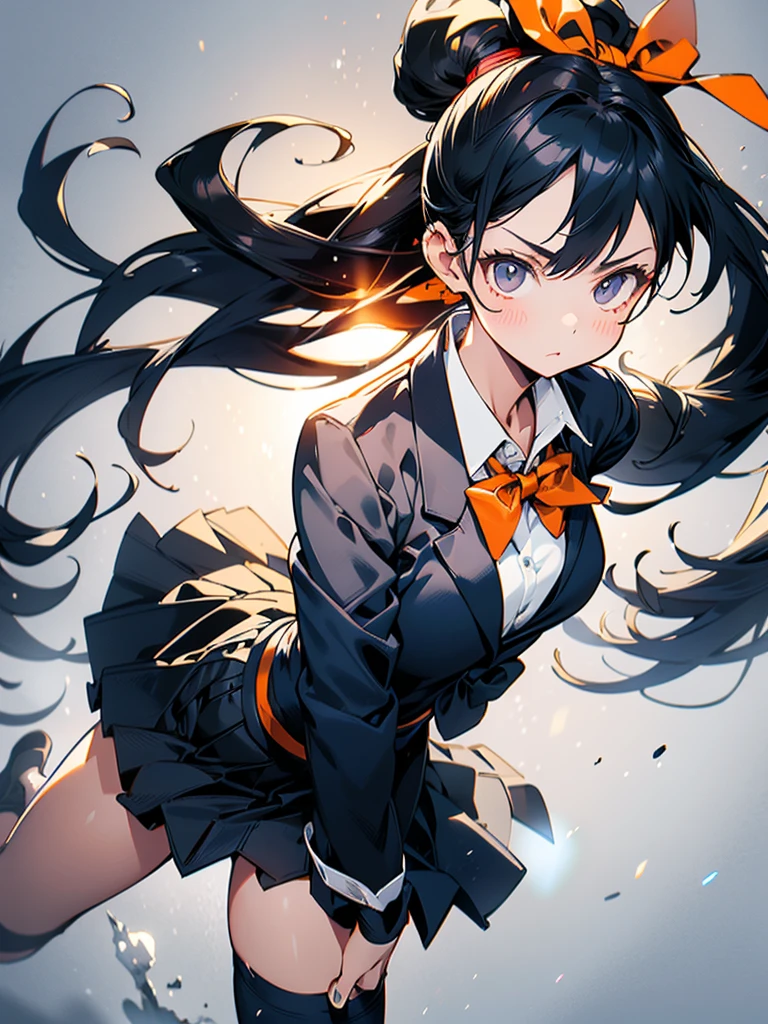 one person, Karate Stance,High Kick,Black Hair, ponytail, Slim body,Small breasts,Bad mood, Slanted Eyes, Character profile, high school student,Navy blue blazer,White blouse,Orange bow ribbon tie,Grey below-the-knee skirt,Vanishing Point, Ultra Wide Angle, Japanese illustration style, 