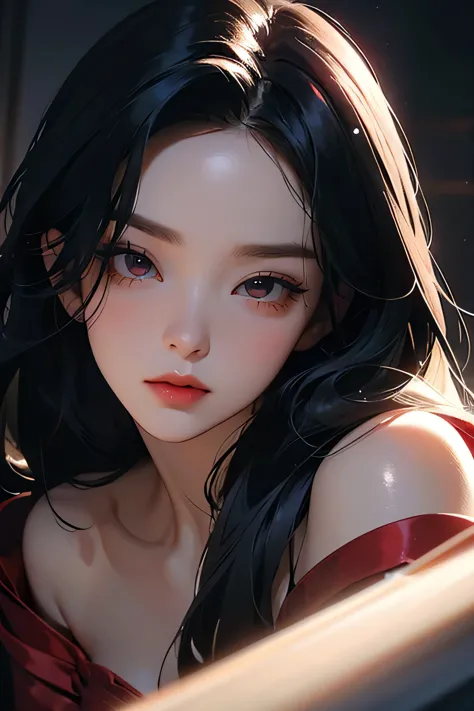 bae irene, red satin dress, long black hair, beautiful detailed eyes, beautiful detailed lips, extremely detailed face, longeyel...