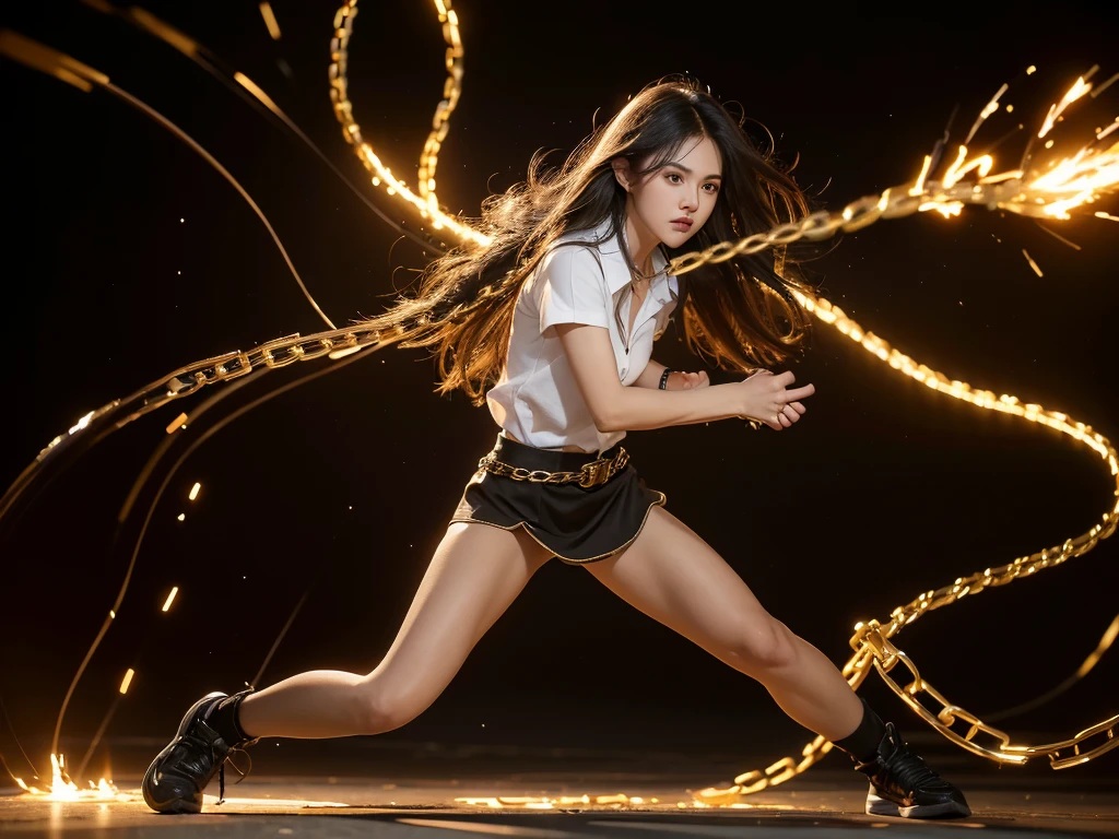 1 girl, thai university uniform, chains end with sharp spike:1.4, hyper-realistic:1.4, control chains, nebula chain, fantasy, white short-sleeve button up shirt:1.2, black tight torn mini skirt:1.2, brown suede belt:1.4, metal shirt buttons:1.2, black long messy hair:1.2, white sneakers:1.2, full body shot:1.2, masterpiece, best quality, high resolution, 16k, high detailed, face detailed, cinematic lighting, dynamic composition, long exposure, slim and perfect figure, perfect body proportion, golden chains wrap around hand and arm:1.4, fighter using chains as weapon:1.4, golden-aura:1.4, fighting stance:1.4, in dungeon, motion blur, depth of field, dynamic fighting pose:1.4