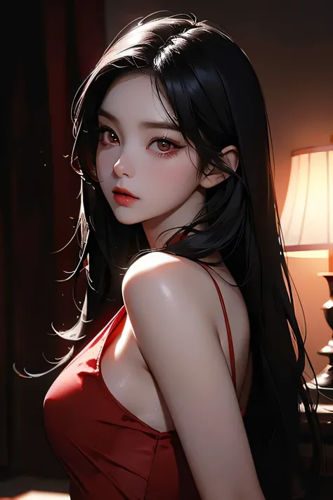 bae irene, red satin dress, long black hair, beautiful detailed eyes, beautiful detailed lips, extremely detailed face, longeyel...