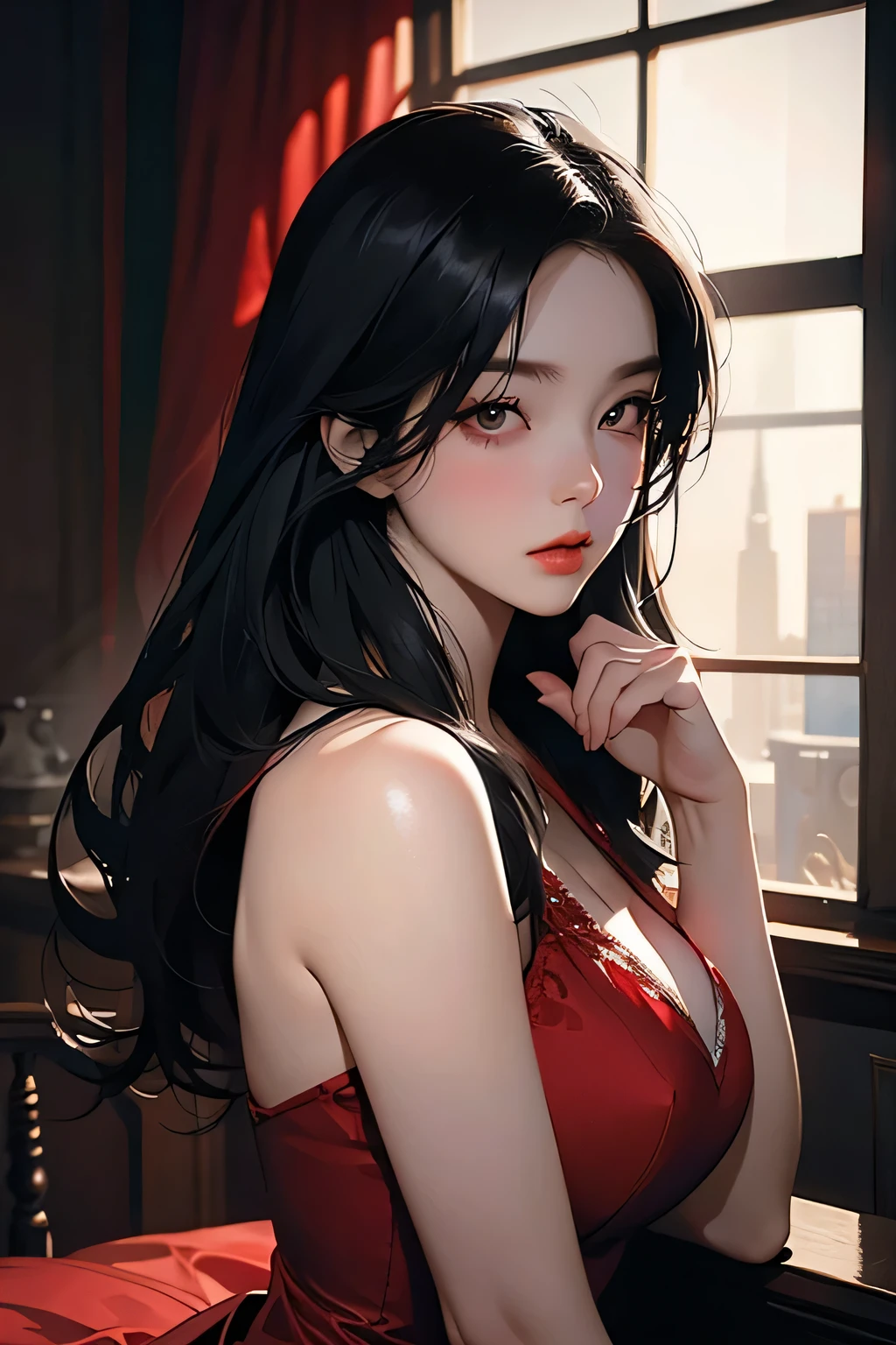 Bae Irene, red satin dress, long black hair, beautiful detailed eyes, beautiful detailed lips, extremely detailed face, longeyelashes, elegant pose, dramatic lighting, cinematic, chiaroscuro, dramatic shadows, muted colors, moody, atmospheric, photorealistic, 8k, best quality, masterpiece