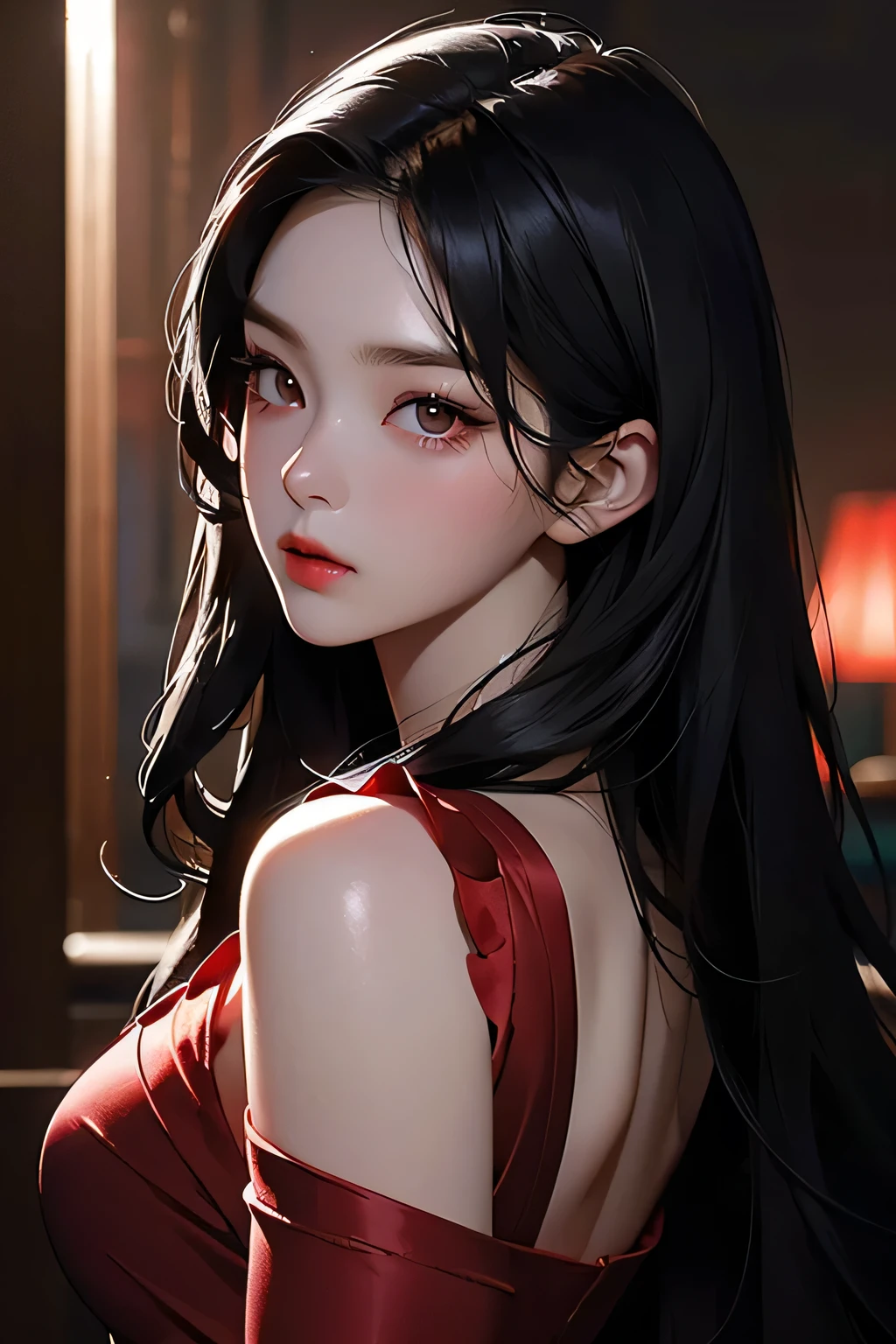 Bae Irene, red satin dress, long black hair, beautiful detailed eyes, beautiful detailed lips, extremely detailed face, longeyelashes, elegant pose, dramatic lighting, cinematic, chiaroscuro, dramatic shadows, moody, atmospheric, photorealistic, 8k, best quality, masterpiece