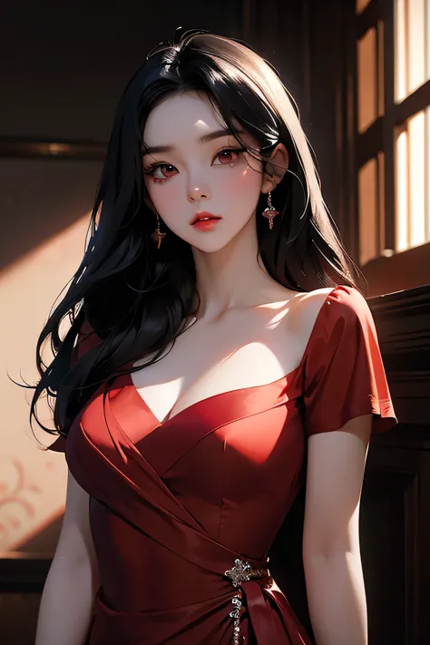 bae irene, red satin dress, long black hair, beautiful detailed eyes, beautiful detailed lips, extremely detailed face, longeyel...