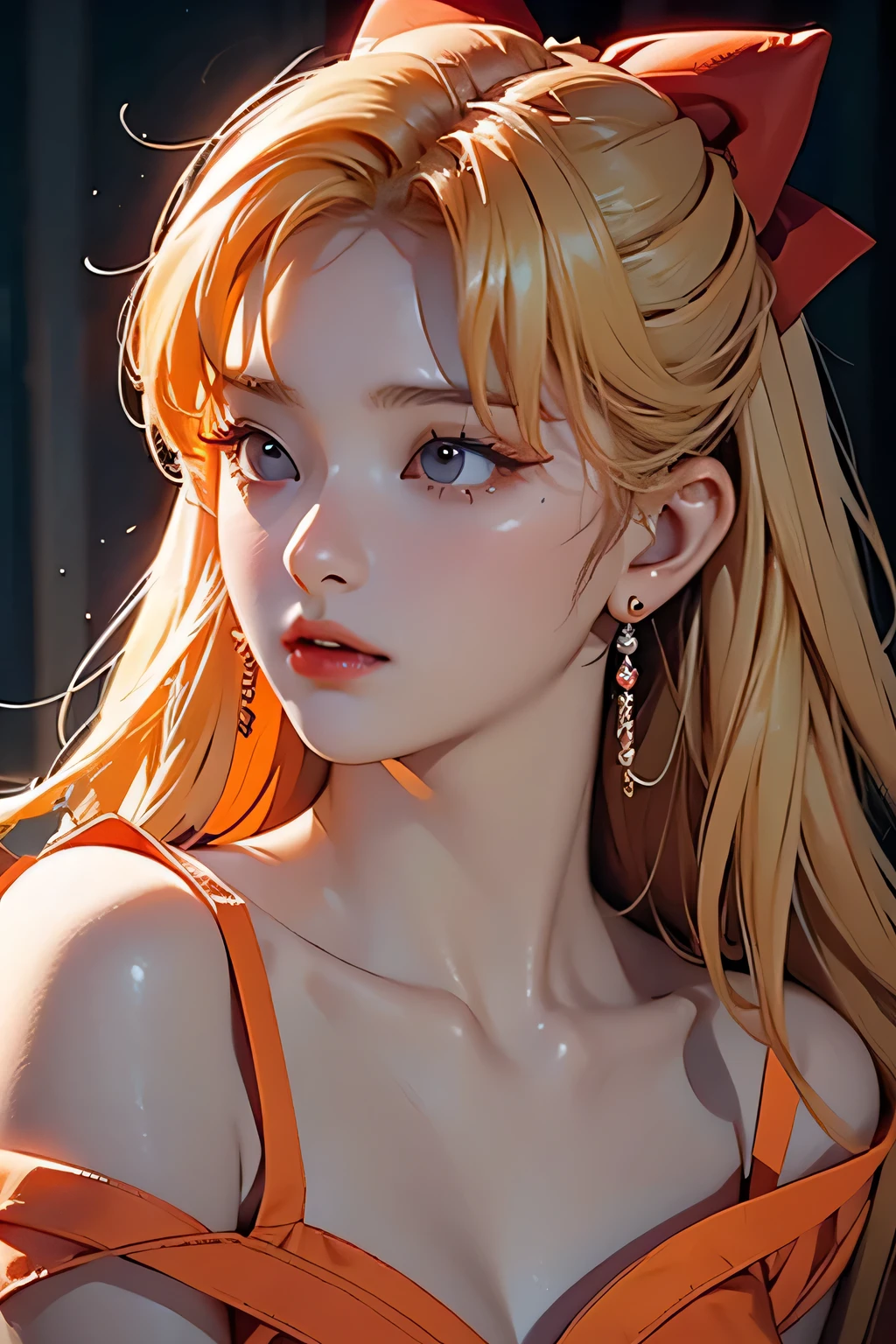 Seulgi, orange satin dress, long blonde hair, red hair bow, beautiful detailed eyes, beautiful detailed lips, extremely detailed face, longeyelashes, elegant pose, dramatic lighting, cinematic, chiaroscuro, dramatic shadows, moody, atmospheric, photorealistic, 8k, best quality, masterpiece