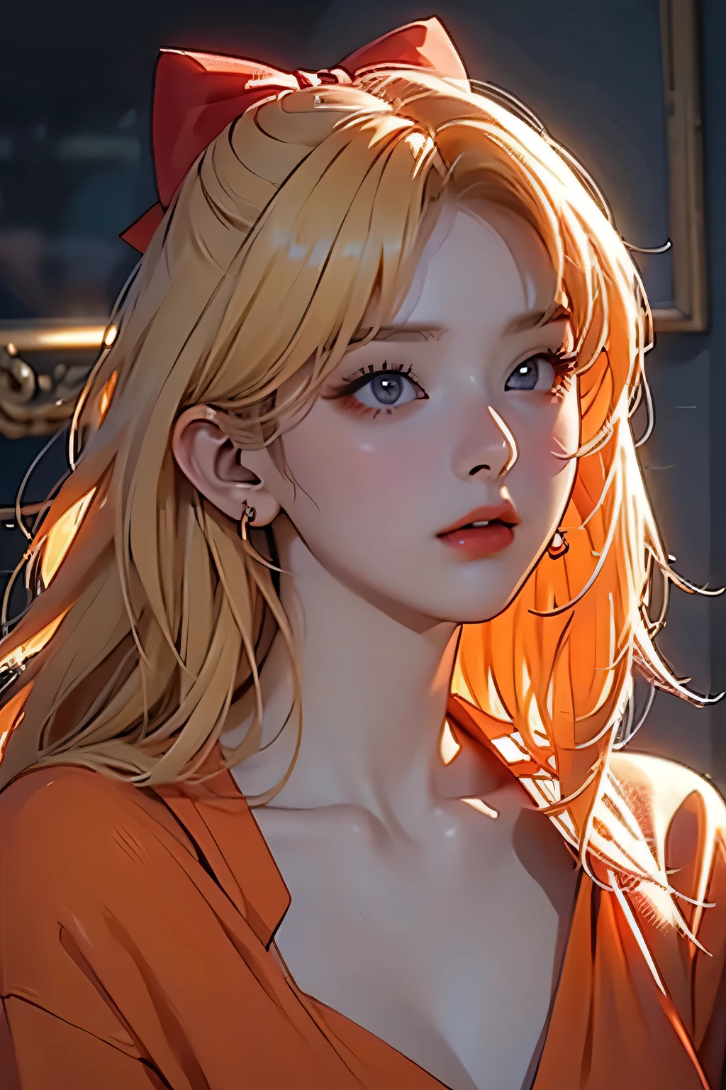 Seulgi, orange satin dress, long blonde hair, red hair bow, beautiful detailed eyes, beautiful detailed lips, extremely detailed face, longeyelashes, elegant pose, dramatic lighting, cinematic, chiaroscuro, dramatic shadows, moody, atmospheric, photorealistic, 8k, best quality, masterpiece