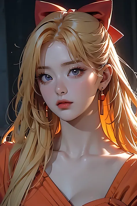 seulgi, orange satin dress, long blonde hair, red hair bow, beautiful detailed eyes, beautiful detailed lips, extremely detailed...