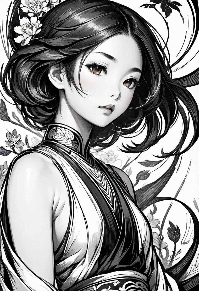 As a coloring book, white and black color, borders should be simple, clear, distinct, and thick lines, By Cartoon picture book of a beautiful Asian girl with short brown hair, A girl traditional ink body art style, (Use simple lines to outline a woman’s graceful figure), Take a step back, undulating lines, Thick and thin lines, line art, Black and white painting, character drawing, line art, lyrical abstraction