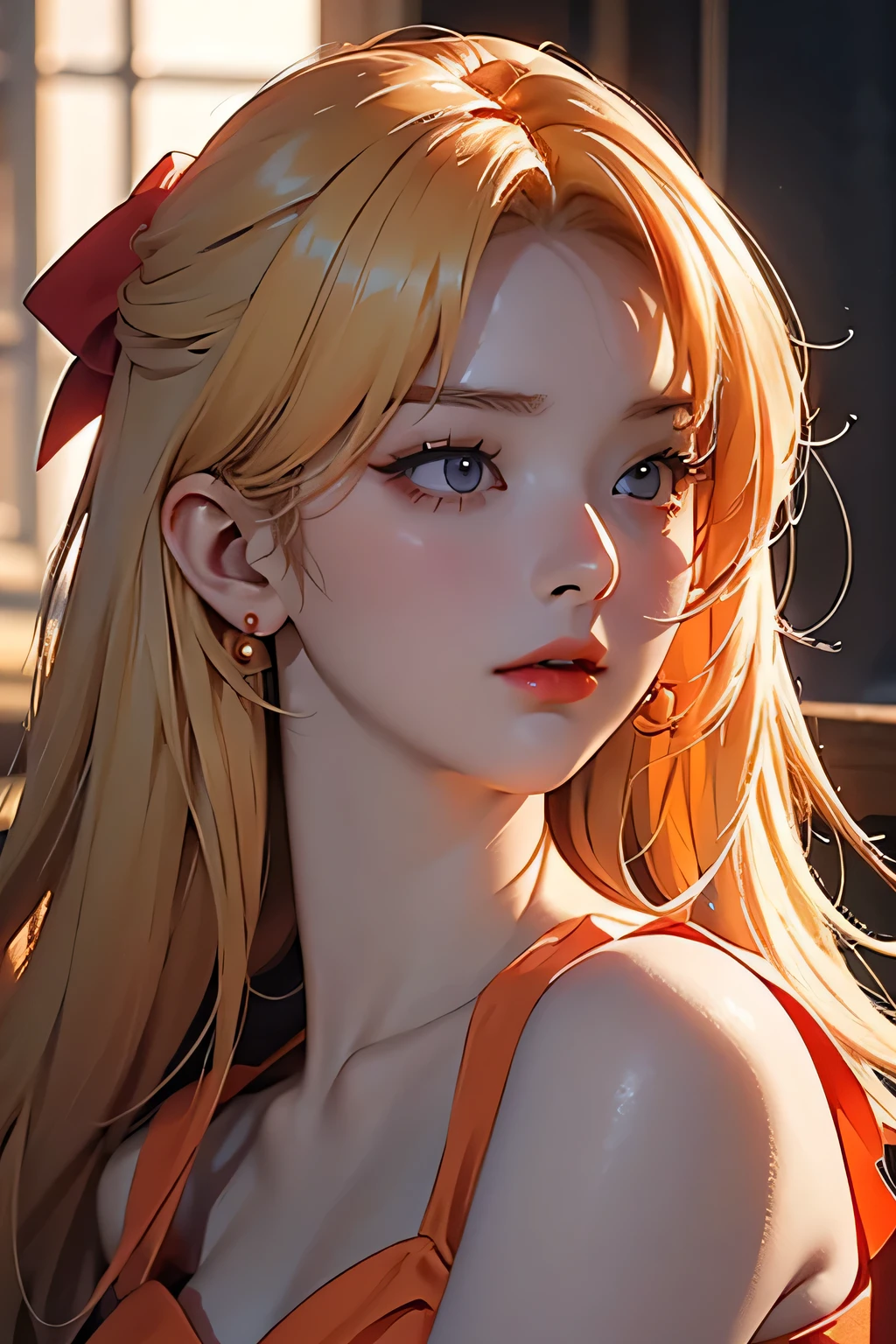 Seulgi, orange satin dress, long blonde hair, red hair bow, beautiful detailed eyes, beautiful detailed lips, extremely detailed face, longeyelashes, elegant pose, dramatic lighting, cinematic, chiaroscuro, dramatic shadows, moody, atmospheric, photorealistic, 8k, best quality, masterpiece