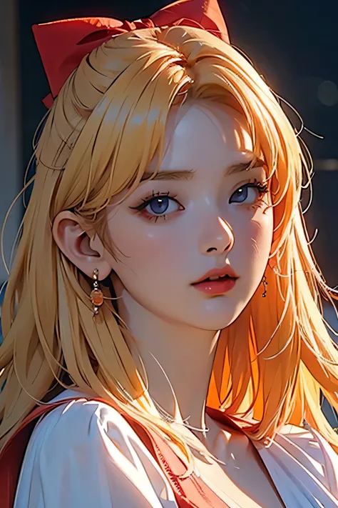 seulgi, orange satin dress, long blonde hair, red hair bow, beautiful detailed eyes, beautiful detailed lips, extremely detailed...