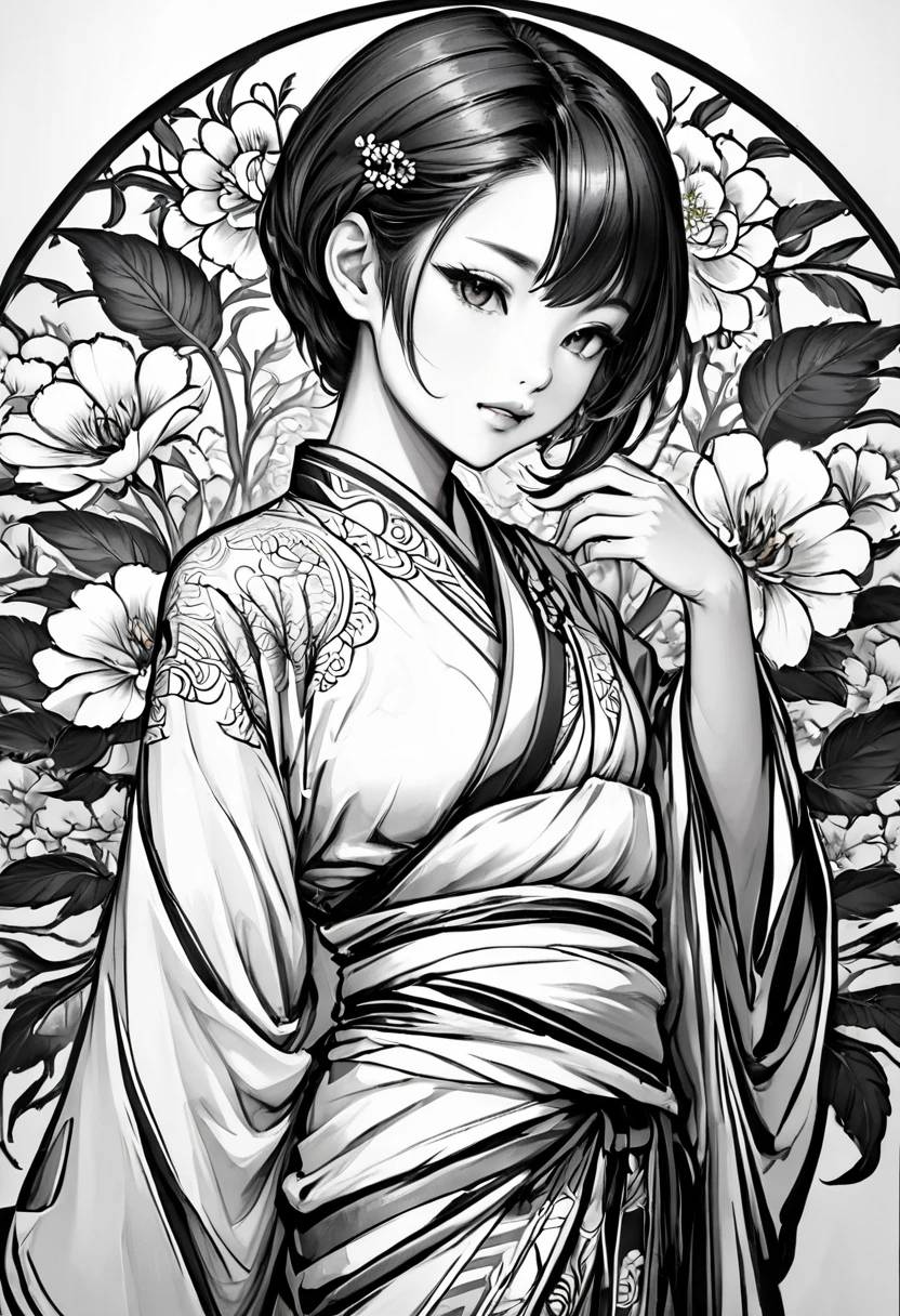 As a coloring book, white and black color, borders should be simple, clear, distinct, and thick lines, By Cartoon picture book of a beautiful Asian girl with short brown hair, A girl traditional ink body art style, (Use simple lines to outline a woman’s graceful figure), Take a step back, undulating lines, Thick and thin lines, line art, Black and white painting, character drawing, line art, lyrical abstraction