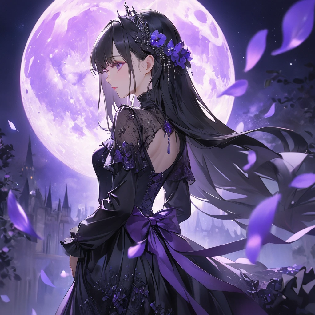 (transparent blue theme art),(top-quality),(masterpiece),(medium shot:1.5),((glowing)),((arms behind side)),Silky to the touch,Hyper Detail,(1 girl),(solo),Delicately drawn face,girl with a pretty face,beautiful detailed transparent purple eyes,beautiful detailed black dress with delicate purple lace,beautiful detailed dress with ruffles,((long skirt with ruffles)),((Long sleeve costume)),(Beautiful silky black hair:1.3),pale skin,(From the side),(glancing sideways),In the fantastic beauty of the purple moon light, elegant gothic princess, A gentle light spreads over the tranquil surroundings, Delicate purple petals blend into intricate patterns,The background is soft and blurry,The purple petals are soft, Magical colors and atmosphere,film lighting,glowing purple