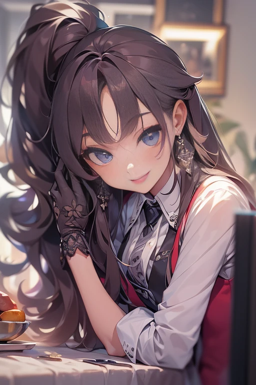 A beautiful detailed portrait of a young woman with long hair, wearing a collared shirt, sleeveless, with a necktie and gloves, sitting behind a desk, looking at the viewer with a smiling expression, waving her hand, in a bedroom setting with a bed, computer mouse, and keyboard, (best quality,4k,8k,highres,masterpiece:1.2),ultra-detailed,(realistic,photorealistic,photo-realistic:1.37),extremely detailed eyes and face,longeyelashes,intricate hair accessories,highly detailed clothing, warm lighting, elegant color palette, digital art, cinematic composition