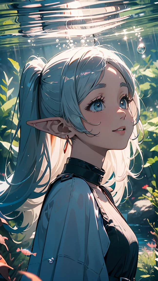 Freiren, 1 girl, long hair, long pointed ears like an elf, silvery white pigtails, jewelry, elf, earrings, capelet, white capelet, black and white striped long sleeve shirt, parted bangs, dress, belt, flowers , (16k, 8K, RAW, best quality, masterpiece 1.2), ultra HD, high resolution, high quality, best quality, (((full body image 1.3))), best quality, ultra high resolution, incredibly absurd, highly detailed, 2.5D, (close up: 1.4), (RAW photo: 1.2), (realistic: 1.4), (masterpiece: 1.3), (best quality: 1.4), ---Pastel color, Bright underwater, Floating, Underwater, Bubbles, Iridescent light rays Underwater, Clothes fluttering,--- perfect anatomy, perfect proportions, nice lighting, bright and vivid colors, clean lines, information, blurred, stunning facial expression, restless emotions, gorgeous and cute, beautiful face and eyes in every detail, (masterpiece) beautiful face, young and handsome girl, really perfect skin, blurred, stunning facial expression, restless emotions, gorgeous and cute, beautiful face and eyes in every detail, (Audrey Hepburn), (cute), (J-POP idol), (thighs, (depth of field), (depth of field), soft light, shining lens gaze, (droopy eyes), straight teeth, shy smile, fluttering hair, a scene from Blake's movie,