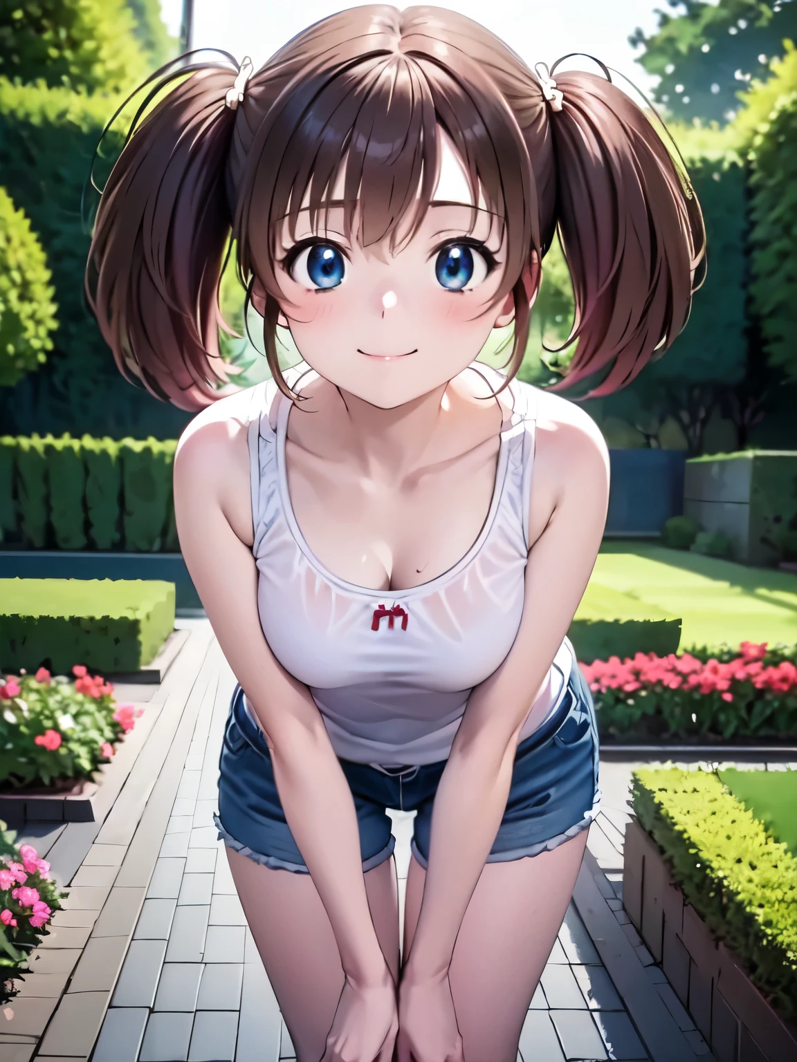 masterpiece, Highest quality, (Anime illustration style:1.3),One person, alone,Tomochika-Dannoura,Closed Mouth、Standing、smile、Beautiful brown hair、Beautiful clear blue eyes、Beautiful attractive eyes、Voluminous twin tails、White camisole、Tank top、Shorts、garden,smile 、4Ｋ，8Ｋ,(Genuine、Genuine志向、写真Genuine志向）、Leaning forward