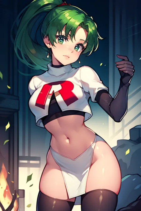 lyn, ponytail, green eyes, green hair ,team rocket uniform, red letter r, white skirt,white crop top,black thigh-high boots, bla...