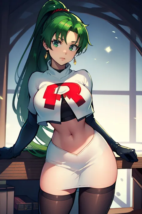 lyn, ponytail, green eyes, green hair ,team rocket uniform, red letter r, white skirt,white crop top,black thigh-high boots, bla...