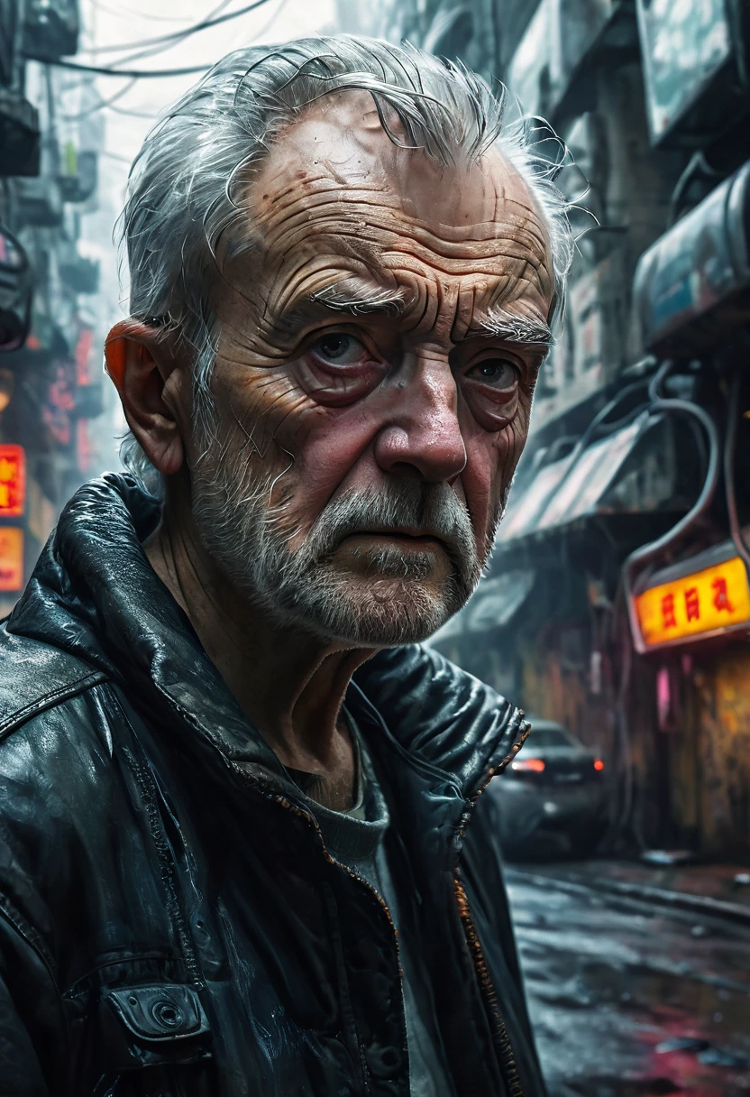 (masterpiece, 8k, best quality:1.2), album cover shoot, photorealistic, hyper detailed, cinematic, sad, arri alexa 65, film, portra 400, an old man, the old is in the middle of a distopian blade runner type street, the old man is the very essence of "broken and bowed", neon and haze and cars and flying cars and people all ignoring this baby, night time, 
