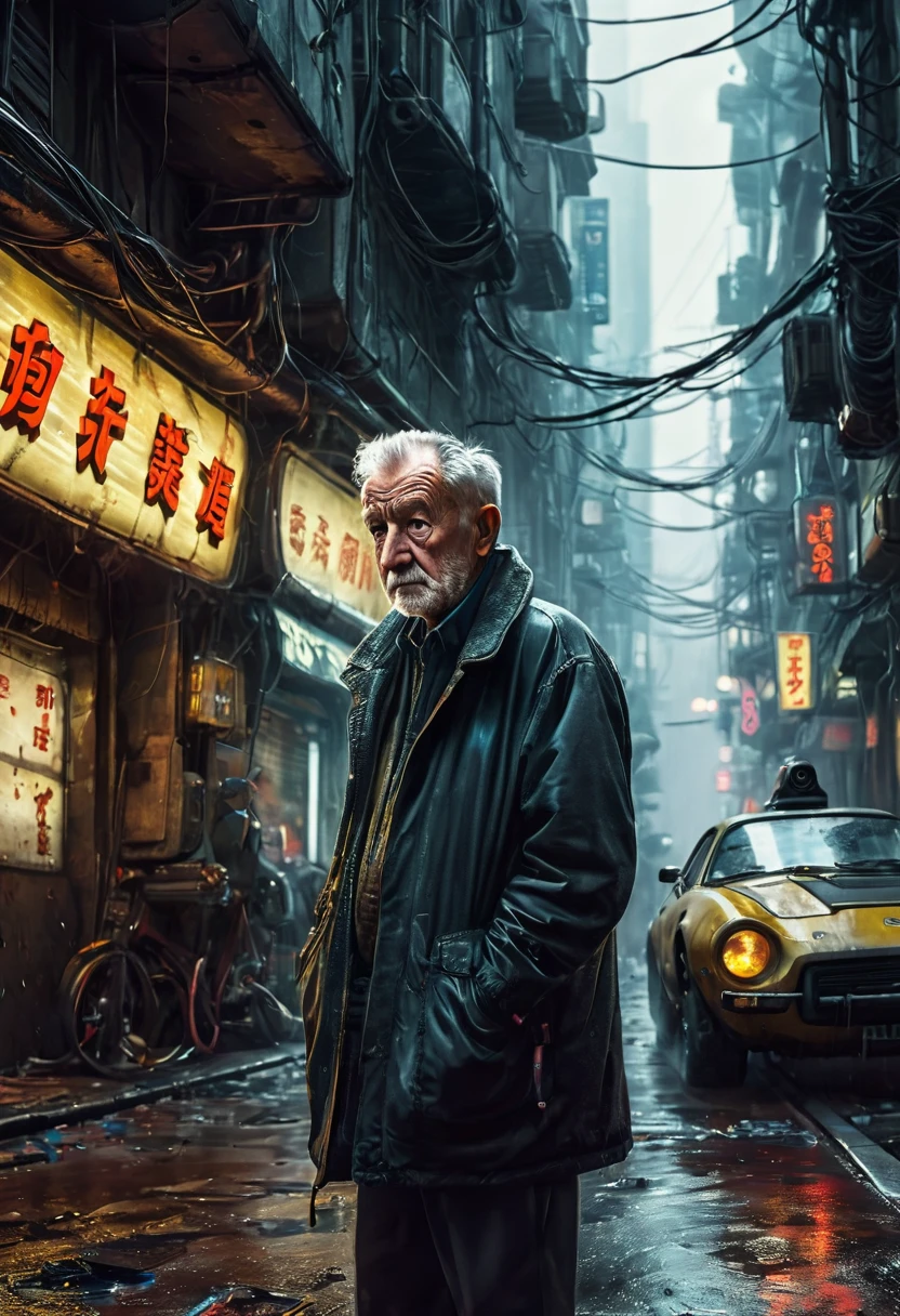 (masterpiece, 8k, best quality:1.2), album cover shoot, photorealistic, hyper detailed, cinematic, sad, arri alexa 65, film, portra 400, an old man, the old is in the middle of a distopian blade runner type street, the old man is the very essence of "broken and bowed", neon and haze and cars and flying cars and people all ignoring this baby, night time, 
