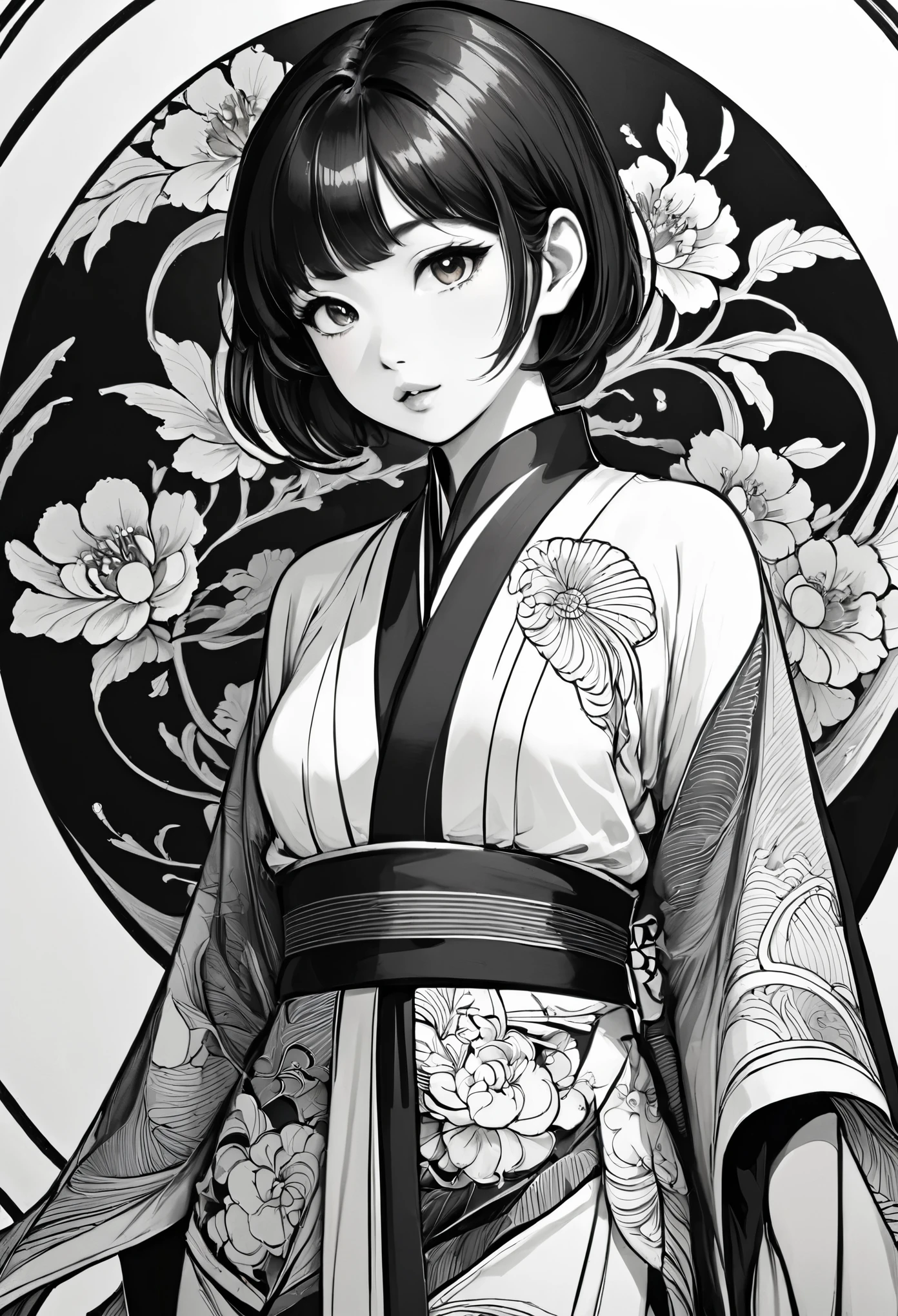 As a coloring book, white and black color, borders should be simple, clear, distinct, and thick lines, By Cartoon picture book of a beautiful Asian girl with short brown hair, A girl traditional ink body art style, (Use simple lines to outline a woman’s graceful figure), Take a step back, undulating lines, Thick and thin lines, line art, Black and white painting, character drawing, line art, lyrical abstraction