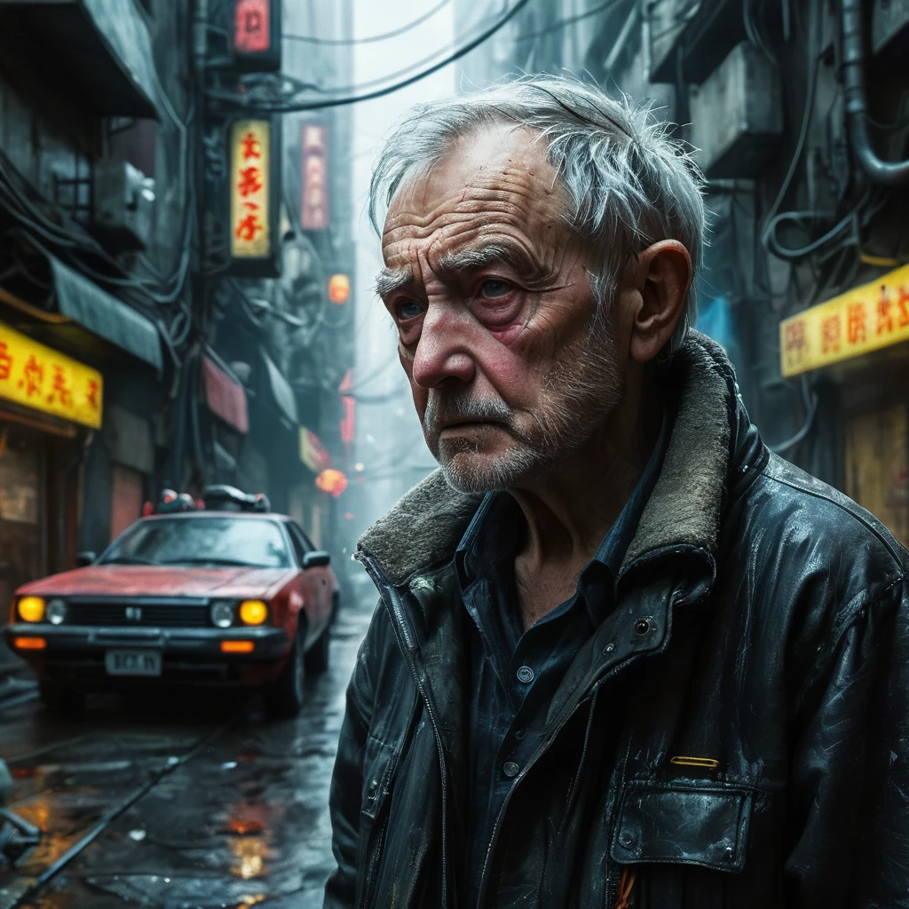 (masterpiece, 8k, best quality:1.2), album cover shoot, photorealistic, hyper detailed, cinematic, sad, arri alexa 65, film, portra 400, an old man, the old is in the middle of a distopian blade runner type street, the old man is the very essence of "broken and bowed", neon and haze and cars and flying cars and people all ignoring this baby, night time,