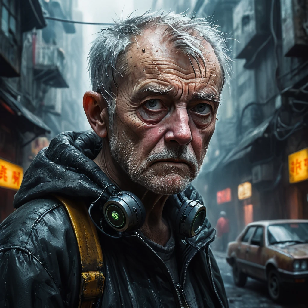 (masterpiece, 8k, best quality:1.2), album cover shoot, photorealistic, hyper detailed, cinematic, sad, arri alexa 65, film, portra 400, an old man, the old is in the middle of a distopian blade runner type street, the old man is the very essence of "broken and bowed", neon and haze and cars and flying cars and people all ignoring this baby, night time,