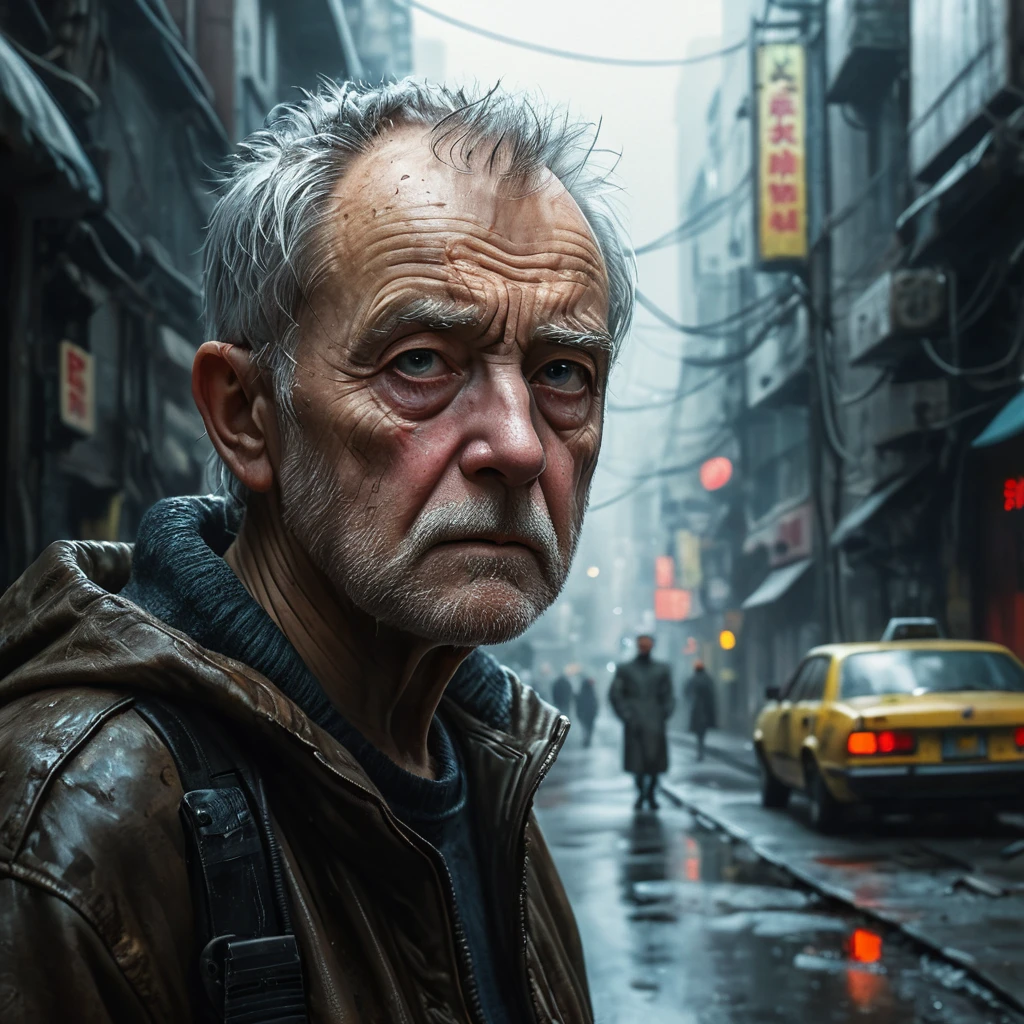 (masterpiece, 8k, best quality:1.2), album cover shoot, photorealistic, hyper detailed, cinematic, sad, arri alexa 65, film, portra 400, an old man, the old is in the middle of a distopian blade runner type street, the old man is the very essence of "broken and bowed", neon and haze and cars and flying cars and people all ignoring this baby, night time,