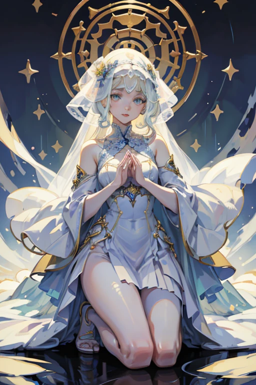 (Masterpiece: 1.5, Best Quality, High Resolution: 1.3, Super Resolution, Super Detailed, Ultra Detailed: 1.3, Perfect Anatomy:1.5, 1 female) pale skin + short white curly hair + delicate blue eyes + long eyelashes + feminine figure (fallen veil, modest clothing, dress large, no skin showing, kneeling) ((open eyes, shy expression, luminous eyes))