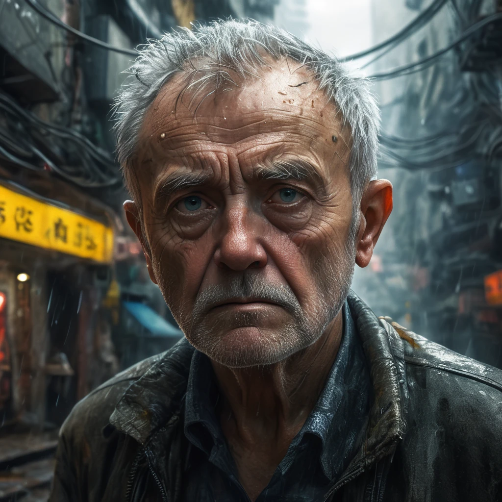 (masterpiece, 8k, best quality:1.2), album cover shoot, photorealistic, hyper detailed, cinematic, sad, arri alexa 65, film, portra 400, an old man, the old is in the middle of a distopian blade runner type street, the old man is the very essence of "broken and bowed", neon and haze and cars and flying cars and people all ignoring this baby, night time,