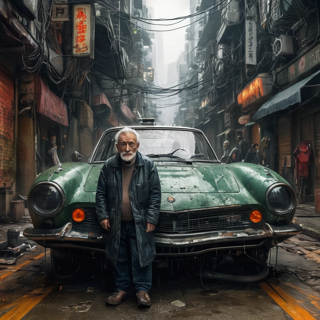 (masterpiece, 8k, best quality:1.2), album cover shoot, photorealistic, hyper detailed, cinematic, sad, arri alexa 65, film, portra 400, an old man, the old is in the middle of a distopian blade runner type street, the old man is the very essence of "broken and bowed", neon and haze and cars and flying cars and people all ignoring this baby, night time,