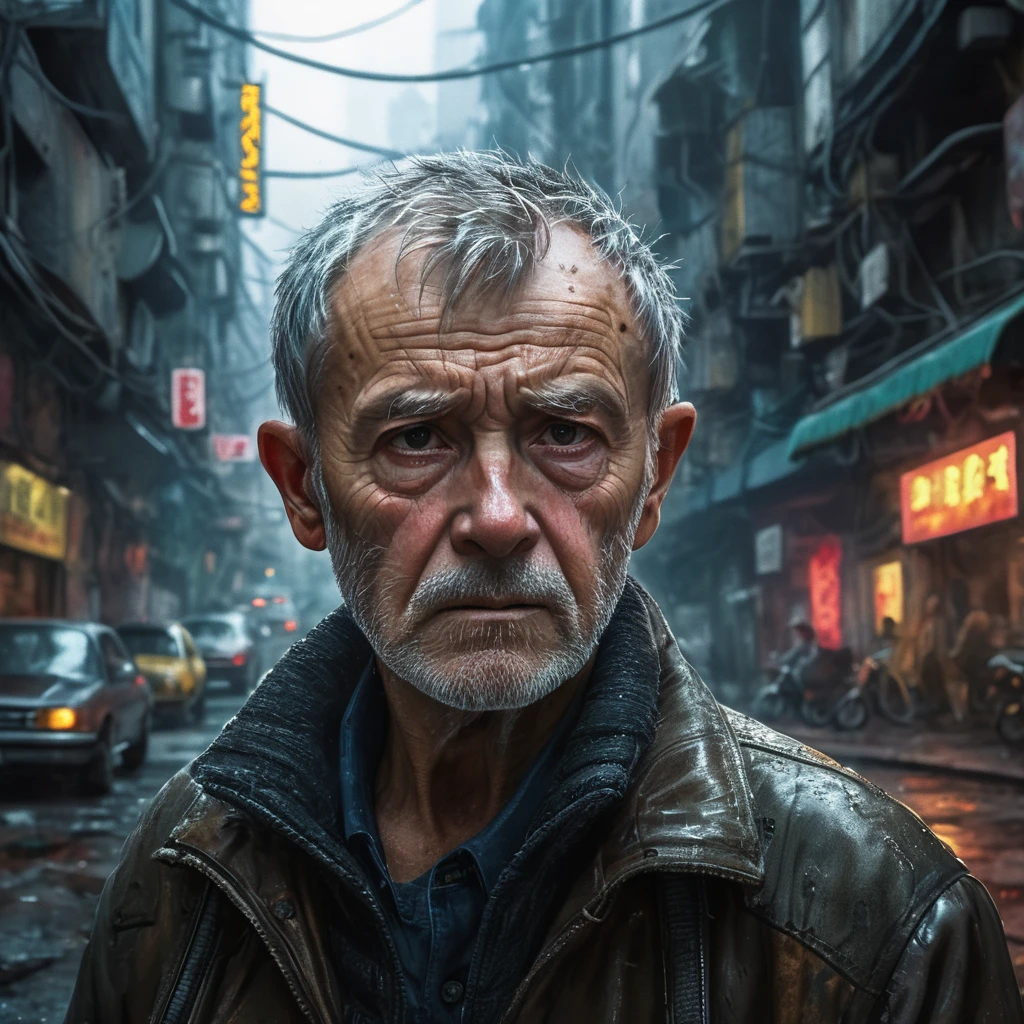 (masterpiece, 8k, best quality:1.2), album cover shoot, photorealistic, hyper detailed, cinematic, sad, arri alexa 65, film, portra 400, an old man, the old is in the middle of a distopian blade runner type street, the old man is the very essence of "broken and bowed", neon and haze and cars and flying cars and people all ignoring this baby, night time,