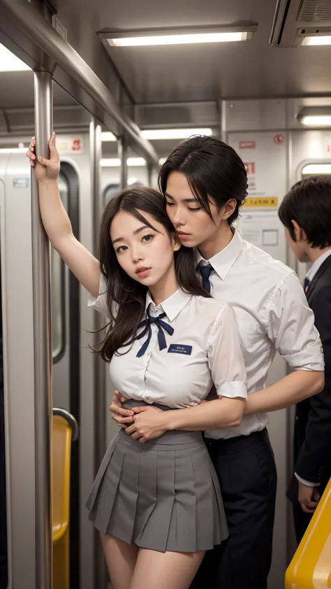 nsfw viewer discretion advised, crowded train, japan , handsome man hugging his girlfriend from behind, speak in her ear, lift h...