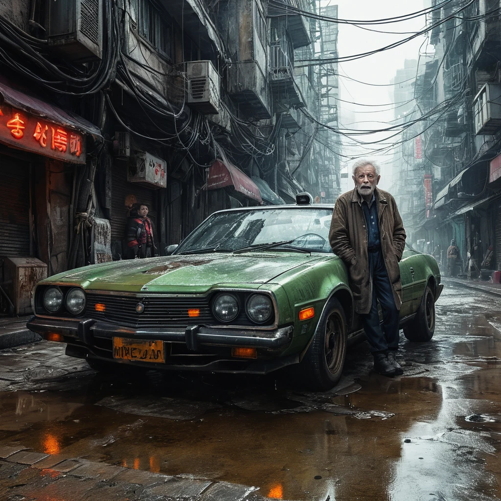 (masterpiece, 8k, best quality:1.2), album cover shoot, photorealistic, hyper detailed, cinematic, sad, arri alexa 65, film, portra 400, an old man, the old is in the middle of a distopian blade runner type street, the old man is the very essence of "broken and bowed", neon and haze and cars and flying cars and people all ignoring this baby, night time,