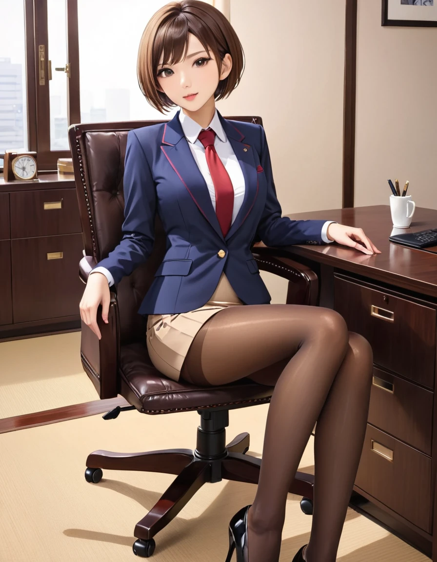 Office, beauty sitting a japanese woman in chair, short hair, beautiful legs, high heels, brown pantyhose, mini skirt suit