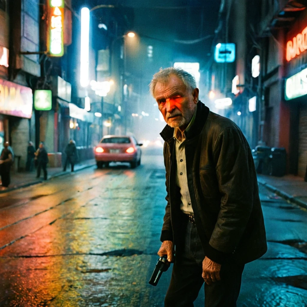 (masterpiece, 8k, best quality:1.2), album cover shoot, photorealistic, hyper detailed, cinematic, sad, arri alexa 65, film, portra 400, an old man, the old is in the middle of a distopian blade runner type street, the old man is the very essence of "broken and bowed", neon and haze and cars and flying cars and people all ignoring this man, night time, medium grain